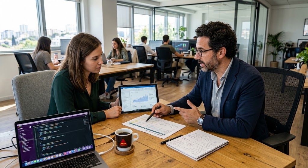Equipo de consultores técnicos analizando diagnóstico y arquitectura de sistemas