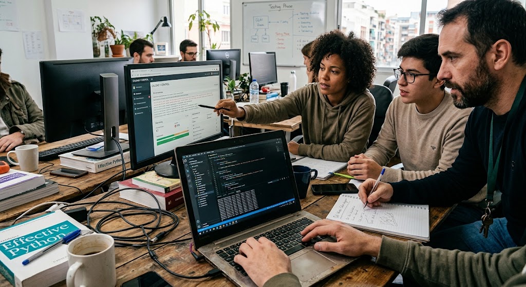Equipo de desarrollo de software colaborando en aplicaciones a medida