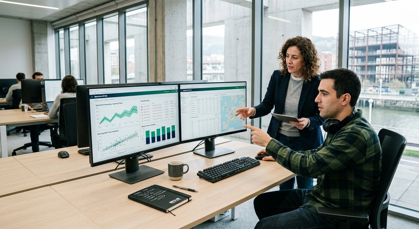 Dirección y equipo de ingeniería revisando dashboard predictivo de IA operacional