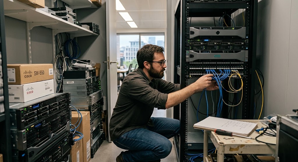 Ingeniero de sistemas trabajando en rack de infraestructura y servidores