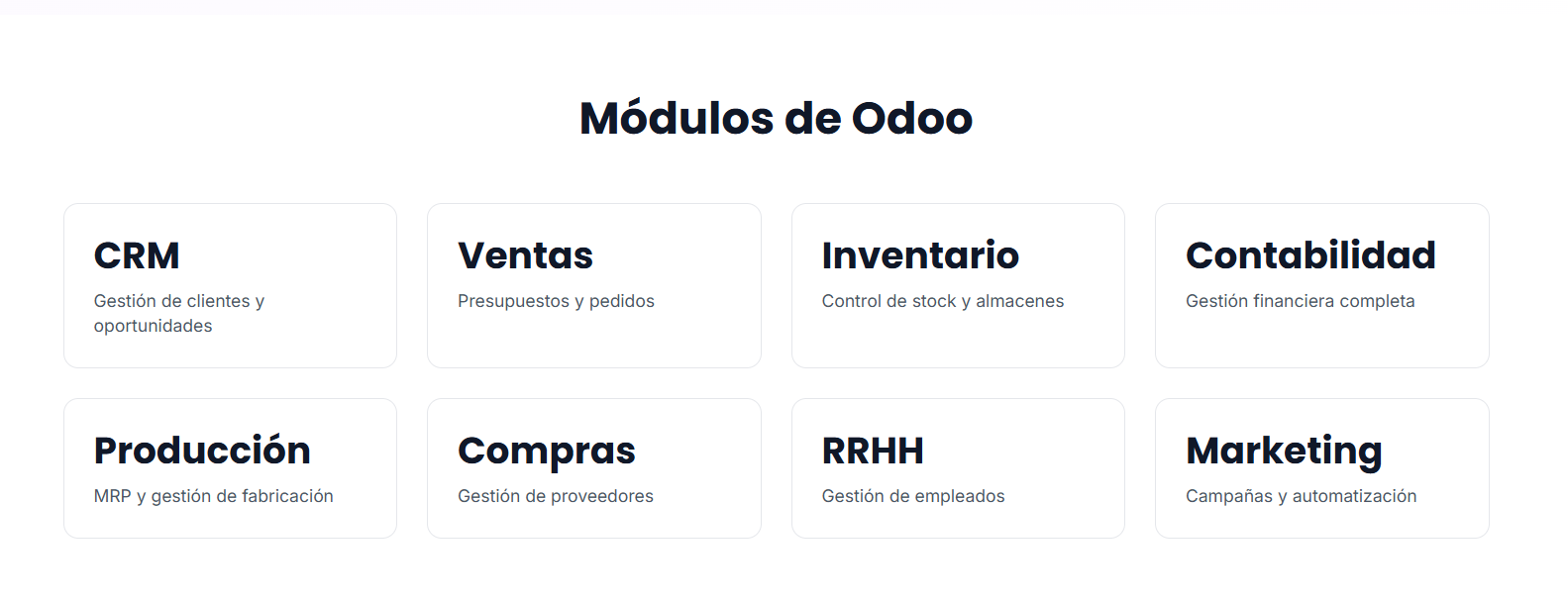 Ecosistema de módulos Odoo ERP: CRM, Ventas, Inventario, Contabilidad