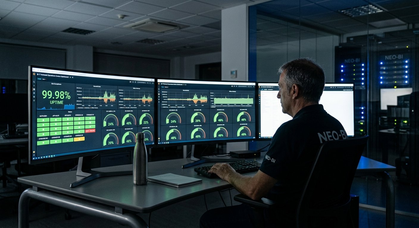 Centro de control y monitorización 24/7 con pantallas de métricas y uptime 99.98%