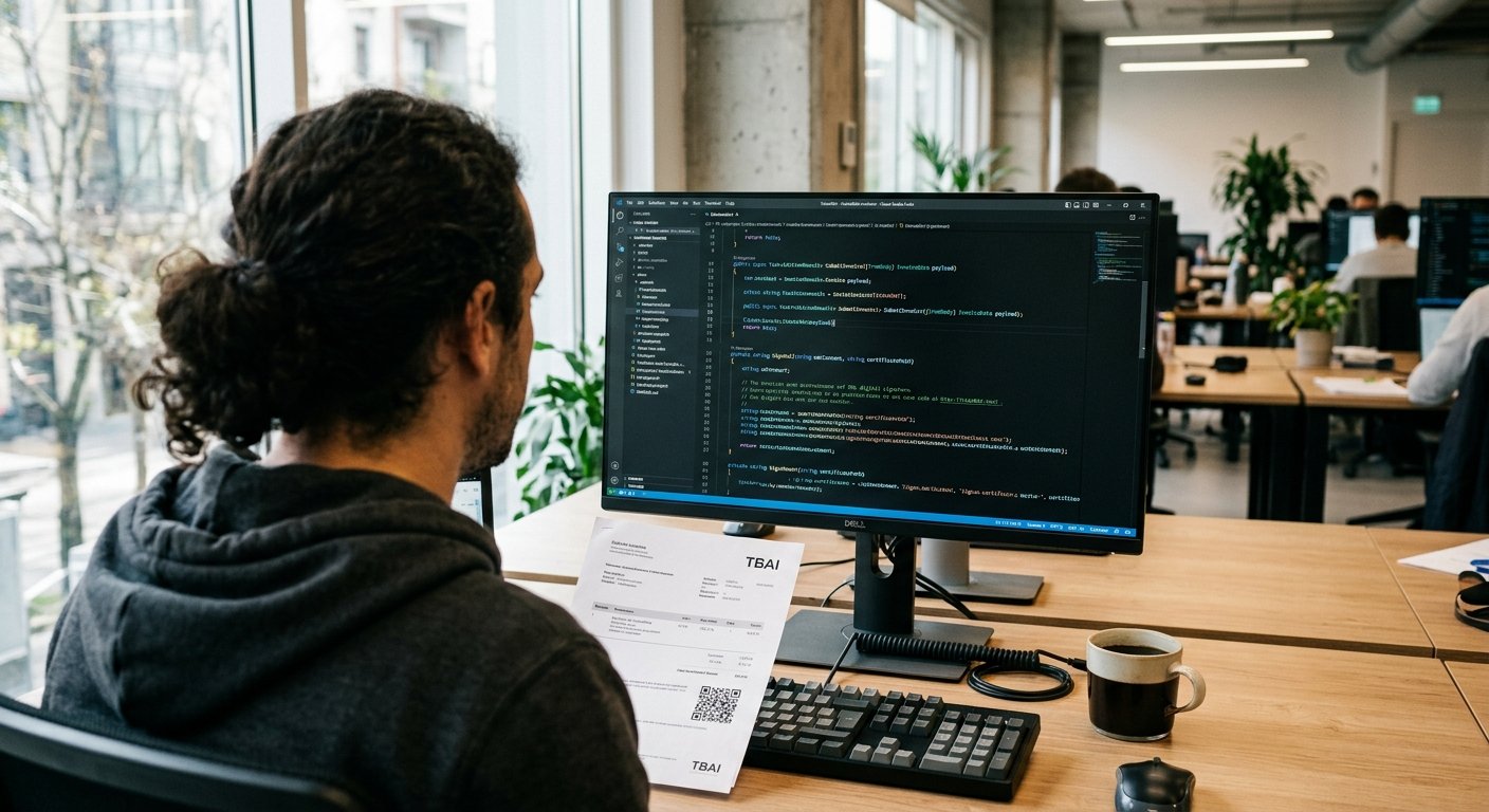 Desarrollador programando la integración de la API TicketBAI y VeriFactu con factura y código QR